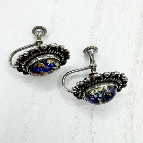 Vtg Sterling Silver Black Fire Opal Glass Cabochon Screw Back Earrings Victorian - Picture 3 of 10
